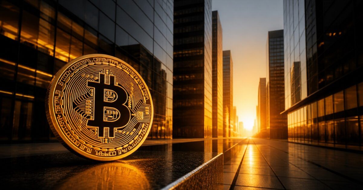 A Bitcoin coin in a Wall Street district illuminated by PCN yellow-orange light