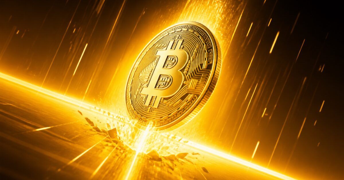 Metallic Bitcoin coin breaking through a bright yellow-orange threshold