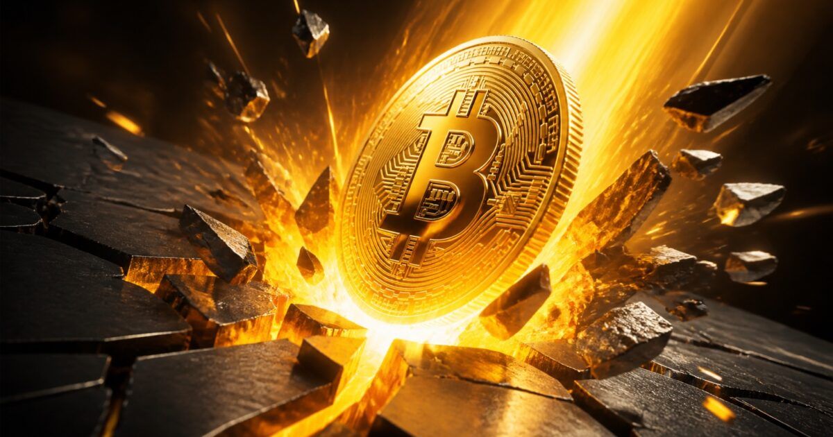 Bitcoin coin breaking through a dark resistance plane in bright yellow-orange light
