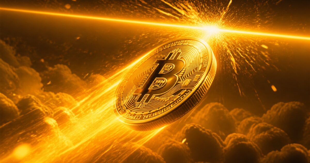 Bitcoin surges toward a bright resistance barrier in a yellow-orange ProCoinNews composition