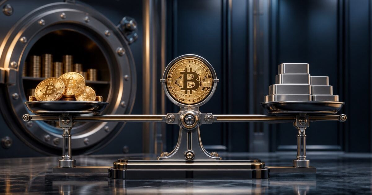Balanced Bitcoin spot holdings and futures hedge illustrating a market-neutral basis trade