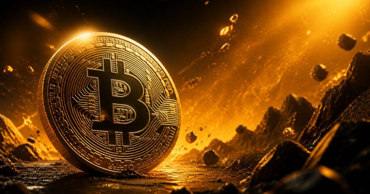 A Bitcoin coin illuminated in ProCoinNews yellow and orange as market pressure builds around it
