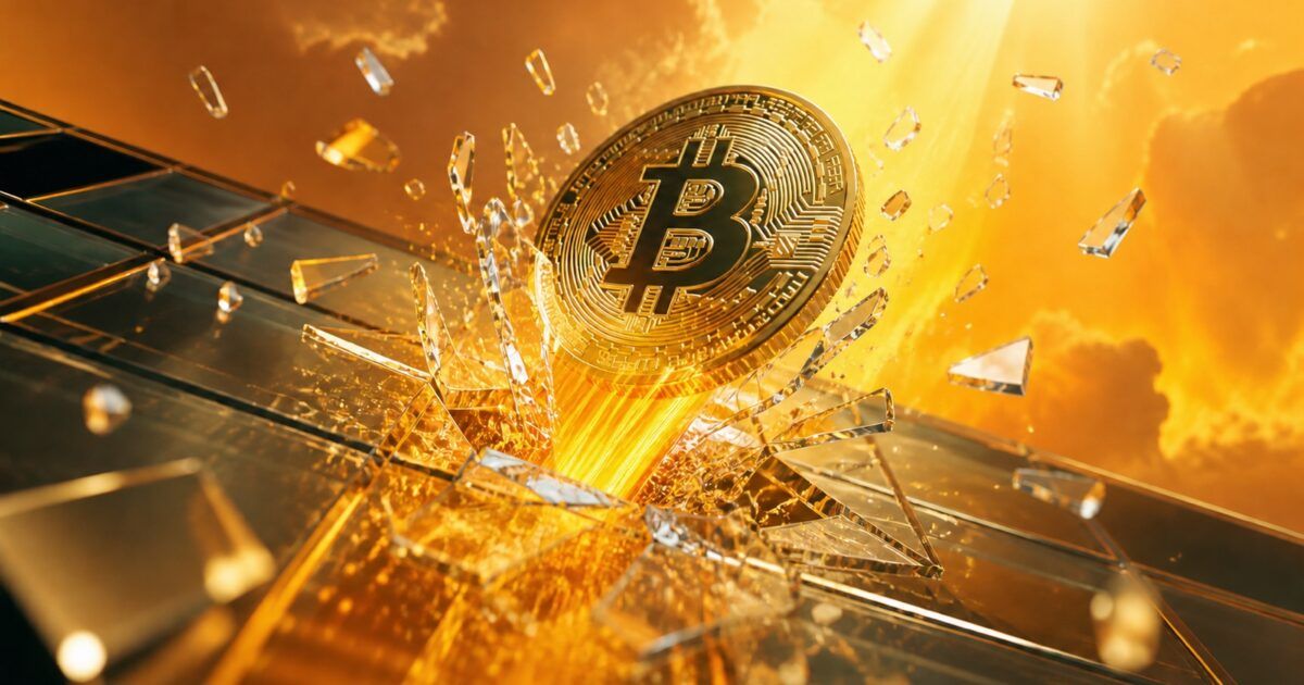 Bitcoin medallion breaking through a glass ceiling in a bright yellow-orange scene