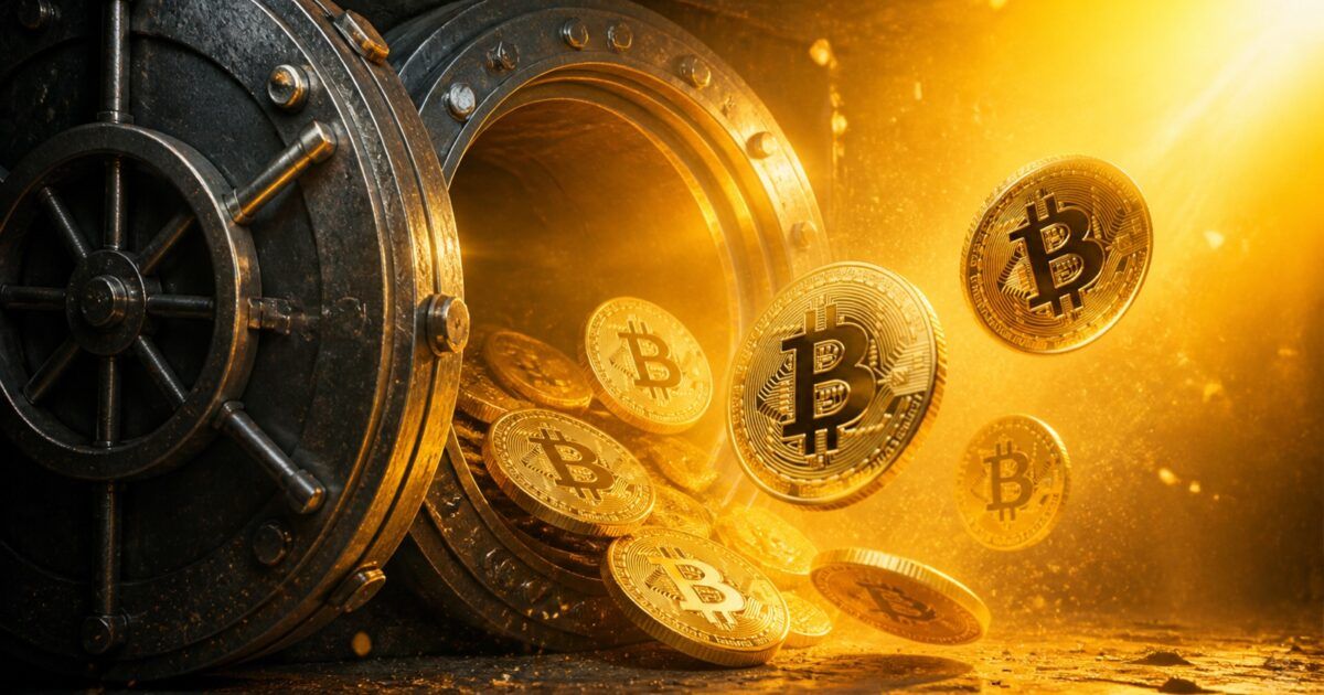 Old Bitcoin coins emerging from a dark vault into bright golden light