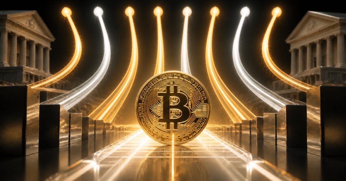 Bitcoin coin with eight streams of institutional capital flowing toward it