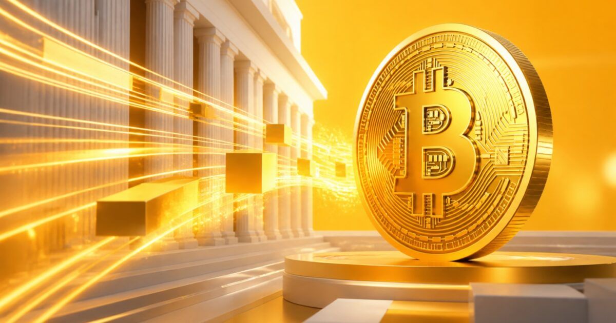 Bitcoin coin with institutional capital flowing toward it in ProCoinNews yellow and orange