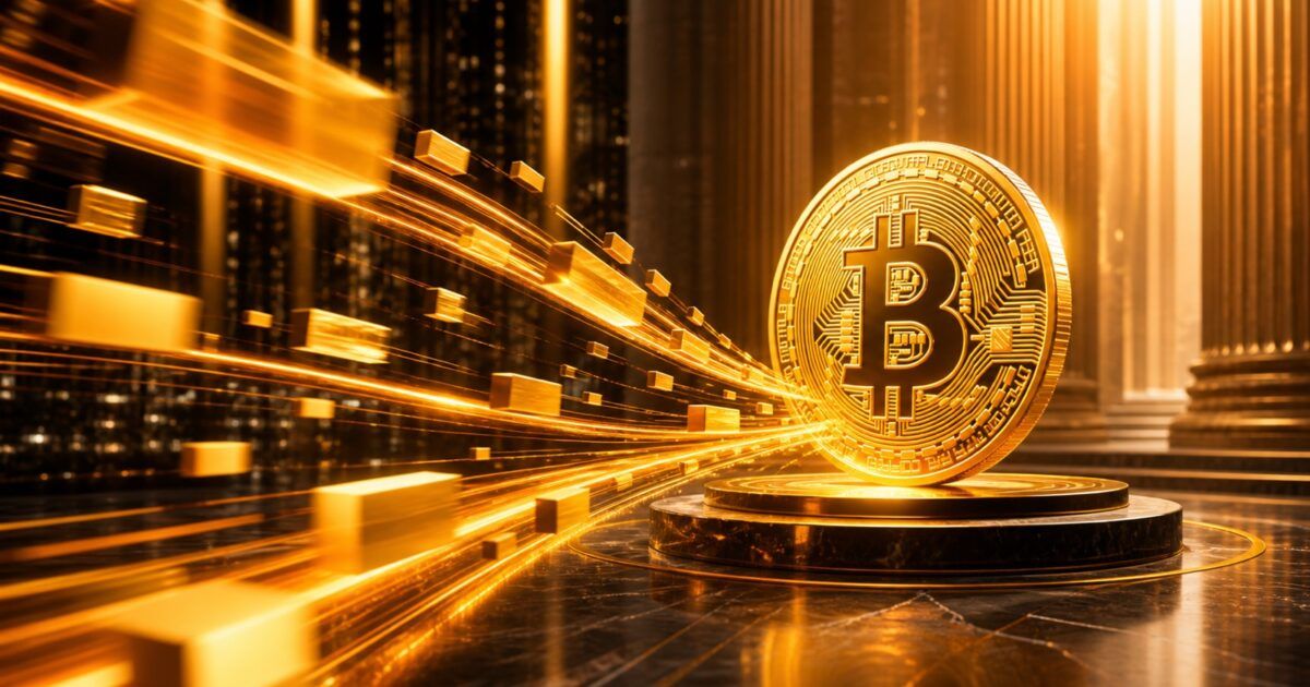 Bitcoin coin with bright institutional capital streams converging toward it