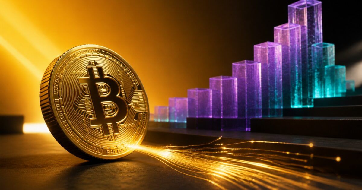 A gold Bitcoin coin beside a rising purple and teal structure under ProCoinNews yellow-orange lighting
