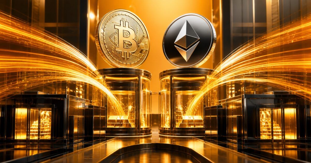Bitcoin and Ethereum symbols amid streams of institutional capital