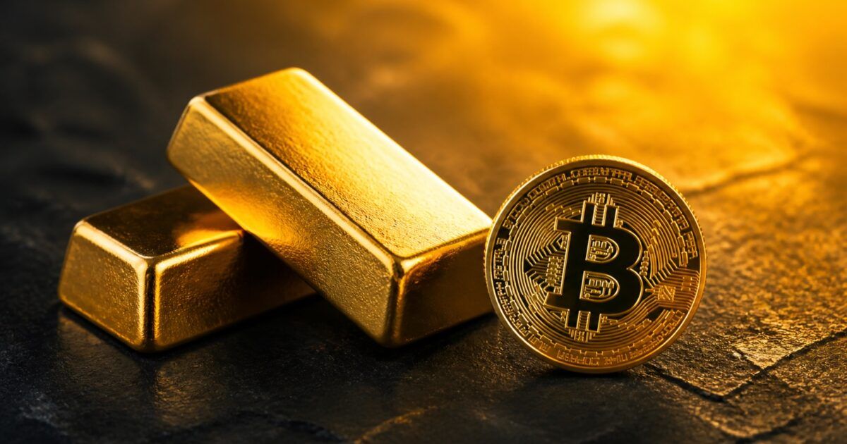 Bitcoin coin beside gold bars in a bright yellow-orange PCN editorial composition