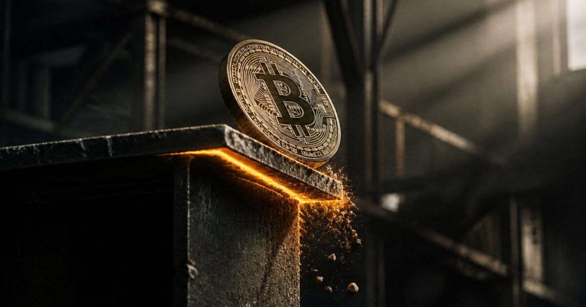 A physical Bitcoin coin tipping beyond a fractured steel support beam glowing yellow-orange
