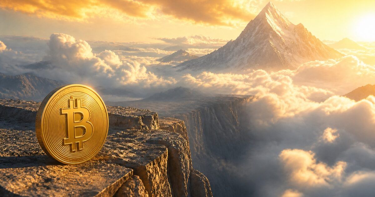 A gold Bitcoin medallion faces a vast chasm and distant mountain summit