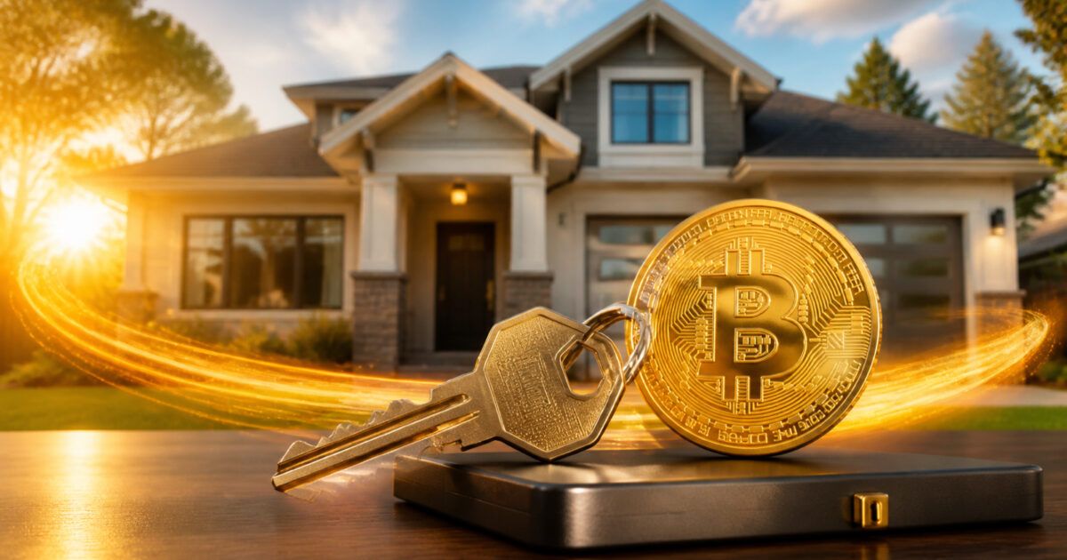 House key and Bitcoin coin in front of a modern home