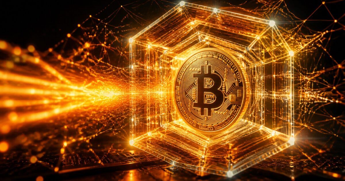 Bitcoin coin protected inside a dense orange cryptographic lattice