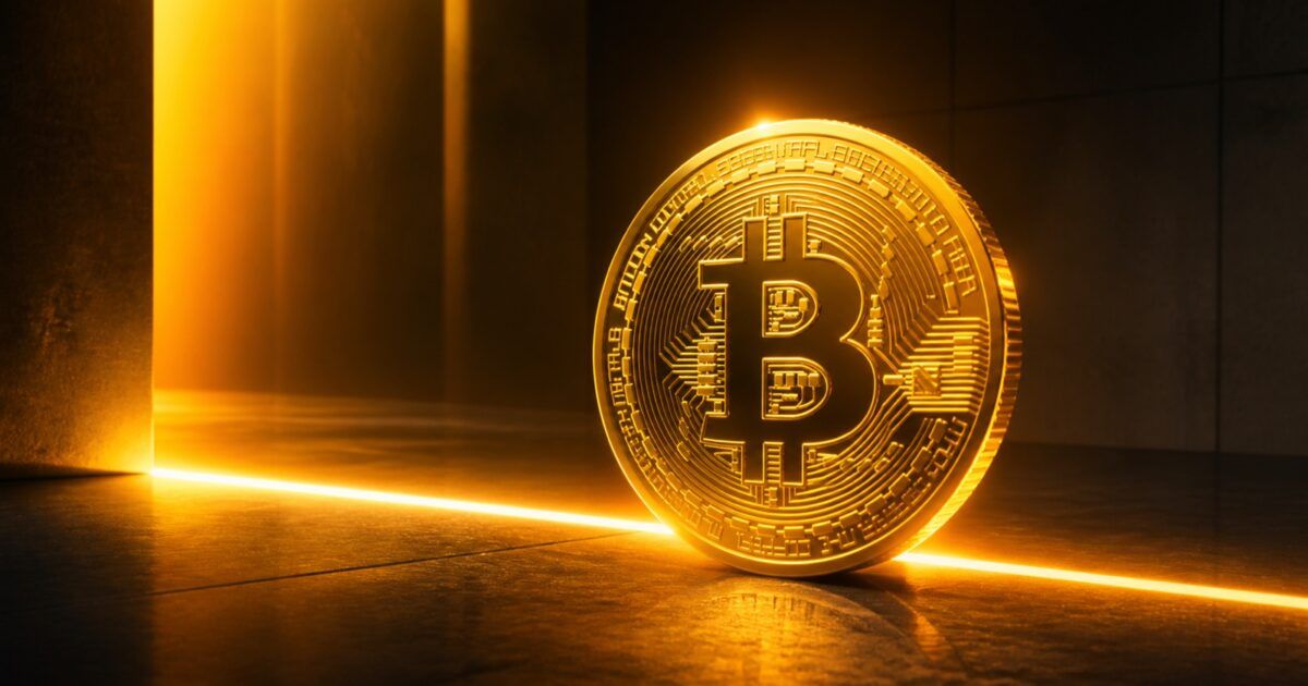 Gold Bitcoin coin crossing a bright amber threshold line