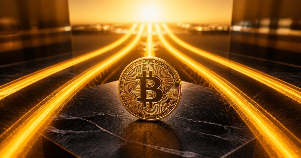 Bitcoin coin with seven golden capital-flow lanes converging behind it