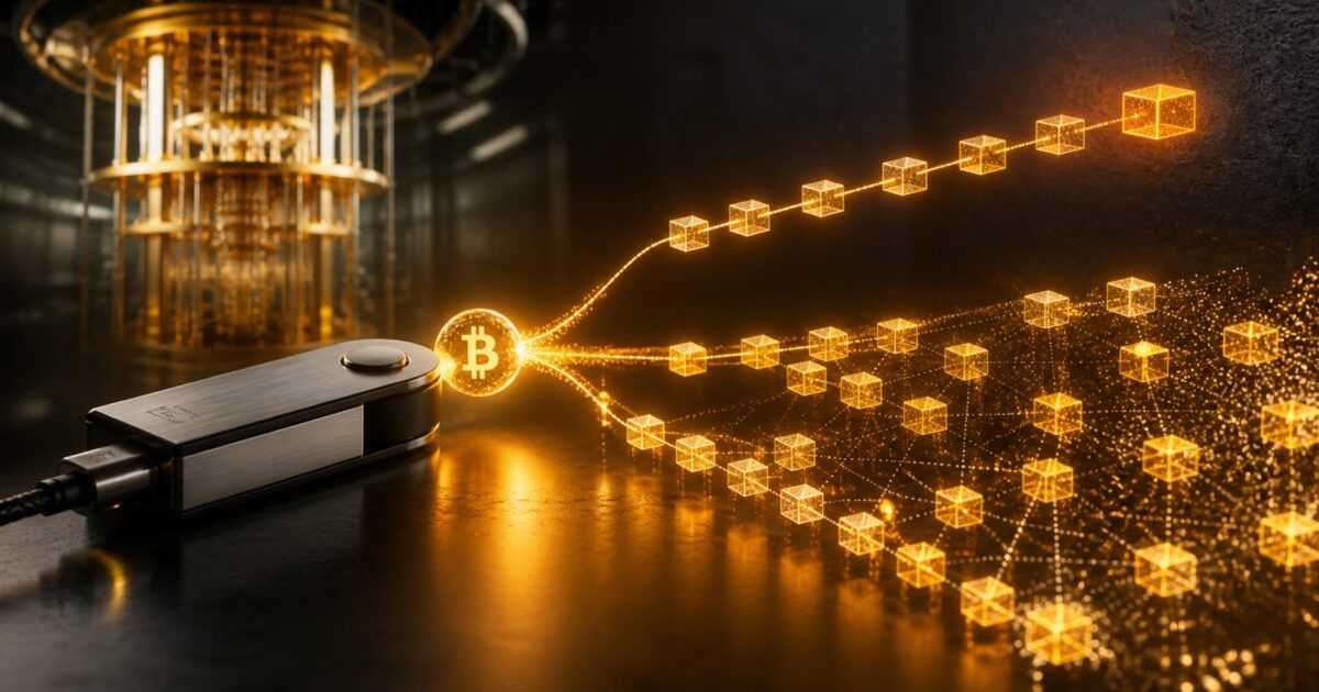 Hardware wallet and branching hash lattice illustrating the Bitcoin SHRINCS post-quantum signature draft