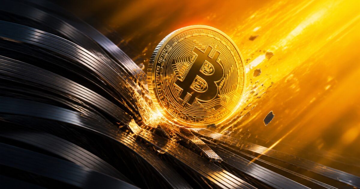 Bitcoin coin breaking through dark bond-market bands into a bright yellow-orange field