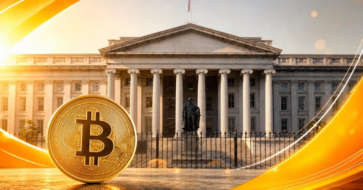 Bitcoin coin in front of the U.S. Treasury building with ProCoinNews yellow-orange treatment