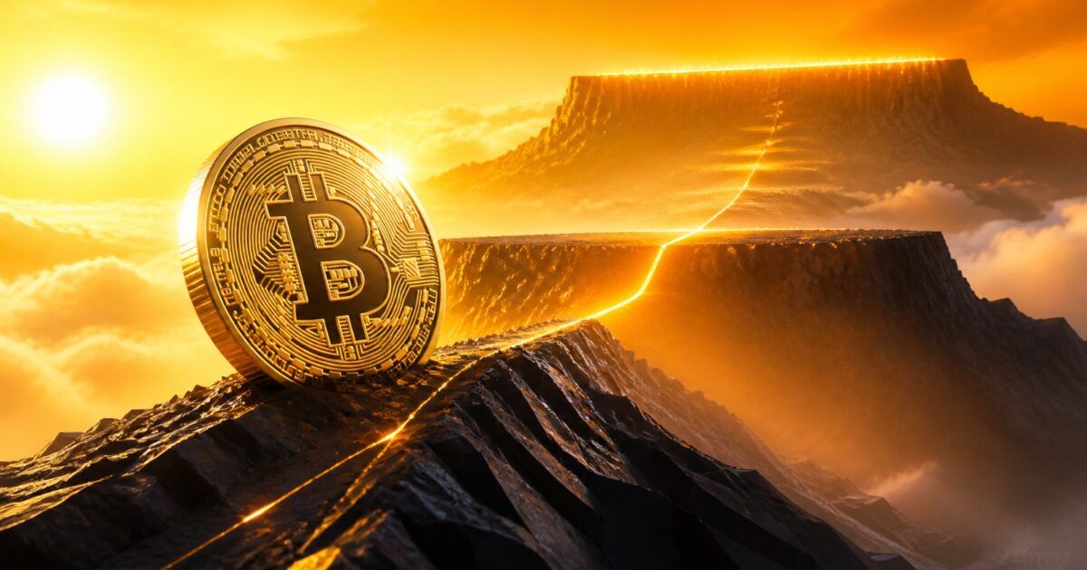 Bitcoin coin cresting one resistance ridge with a higher amber barrier ahead