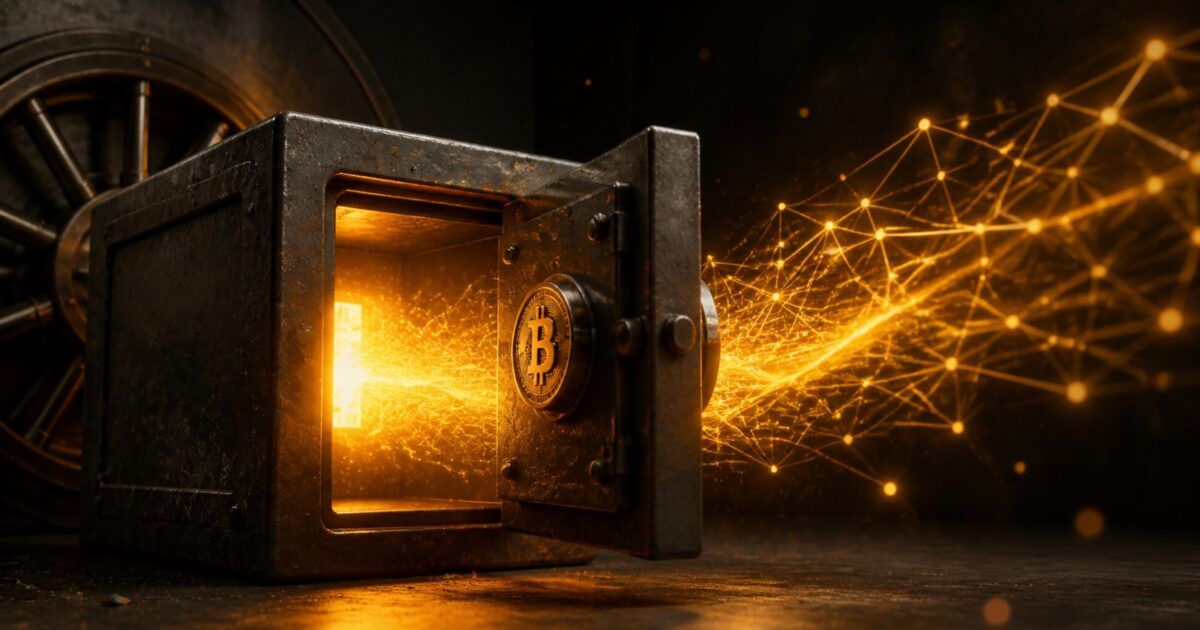 Weathered Bitcoin cold-storage vault reconnecting to a glowing network after years of dormancy