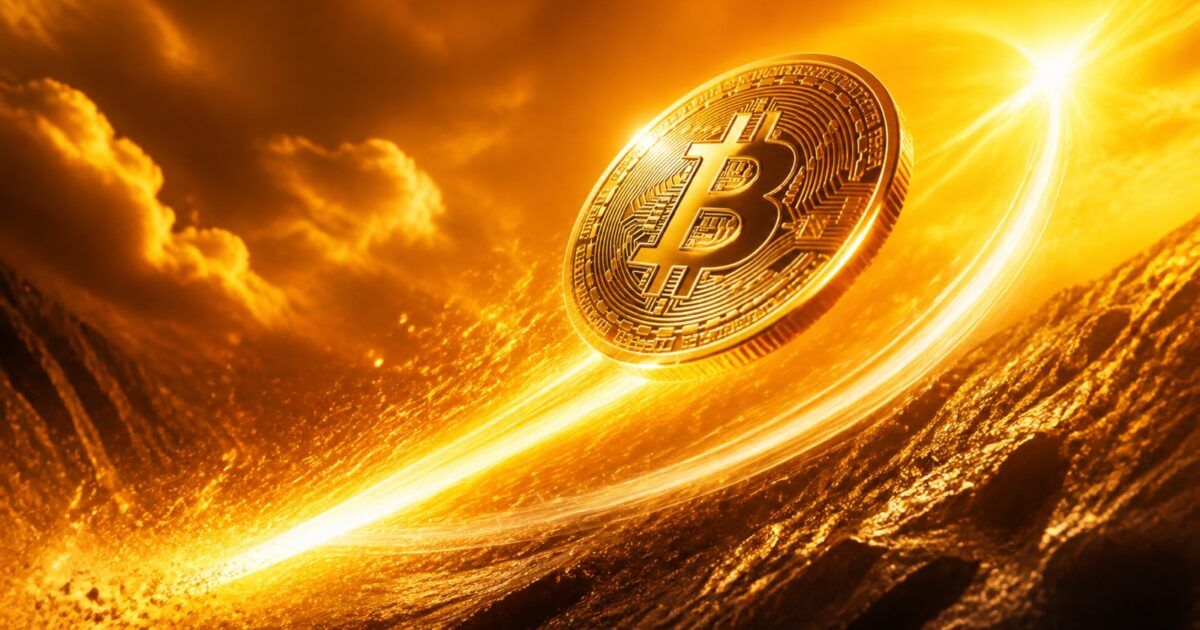 Gold Bitcoin rising through a bright orange momentum arc
