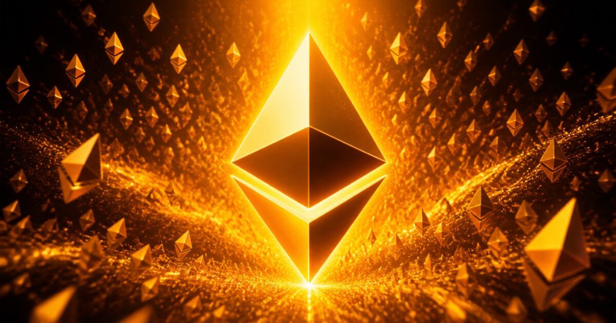Ethereum symbols gathering around a central ETH mark in PCN yellow-orange light