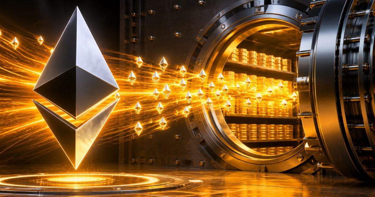 Ethereum symbols flowing into a secure institutional treasury vault