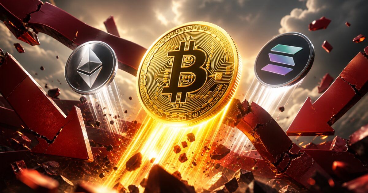 Bitcoin, Ether, and Solana coins breaking through shattered bearish pressure