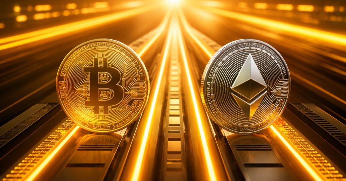Bitcoin and Ethereum coins on three illuminated rails representing leveraged futures exposure