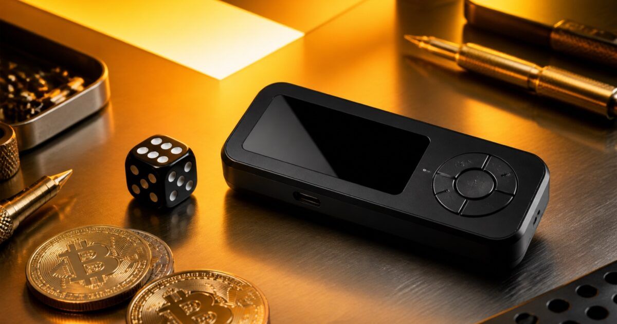 Unbranded Bitcoin hardware wallet beside a die on a yellow-orange security workbench