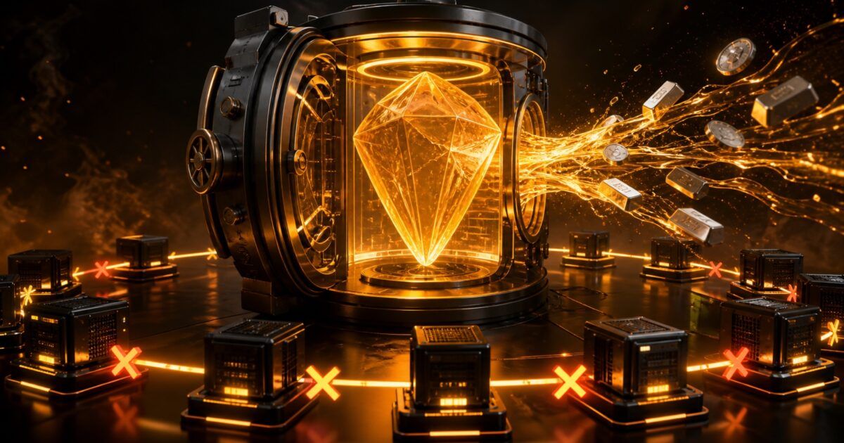 A lending vault draining liquidity while a ring of blockchain validator nodes is halted