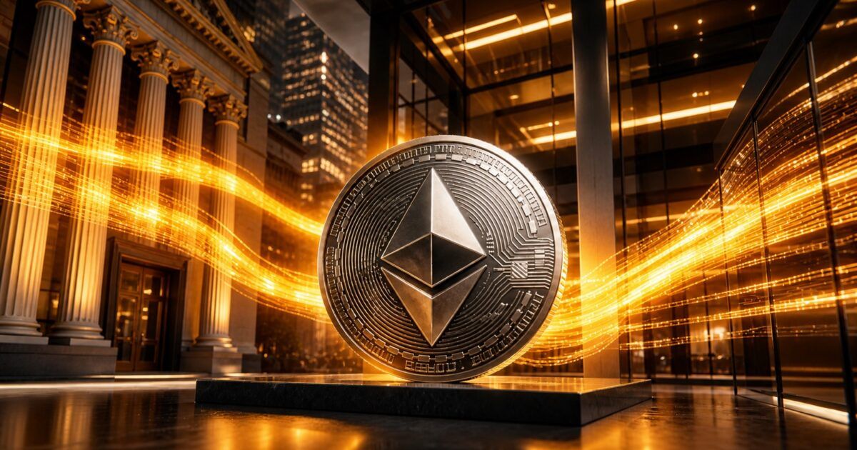 Ethereum coin in an institutional financial setting with bright PCN capital-flow lighting