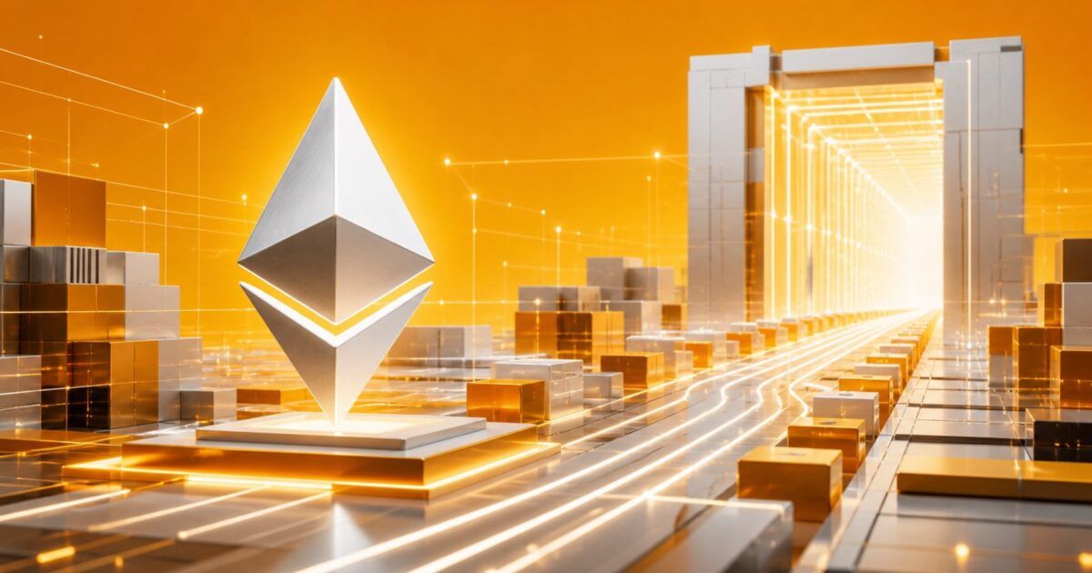 Ethereum symbol moving through a staged technical testnet gateway