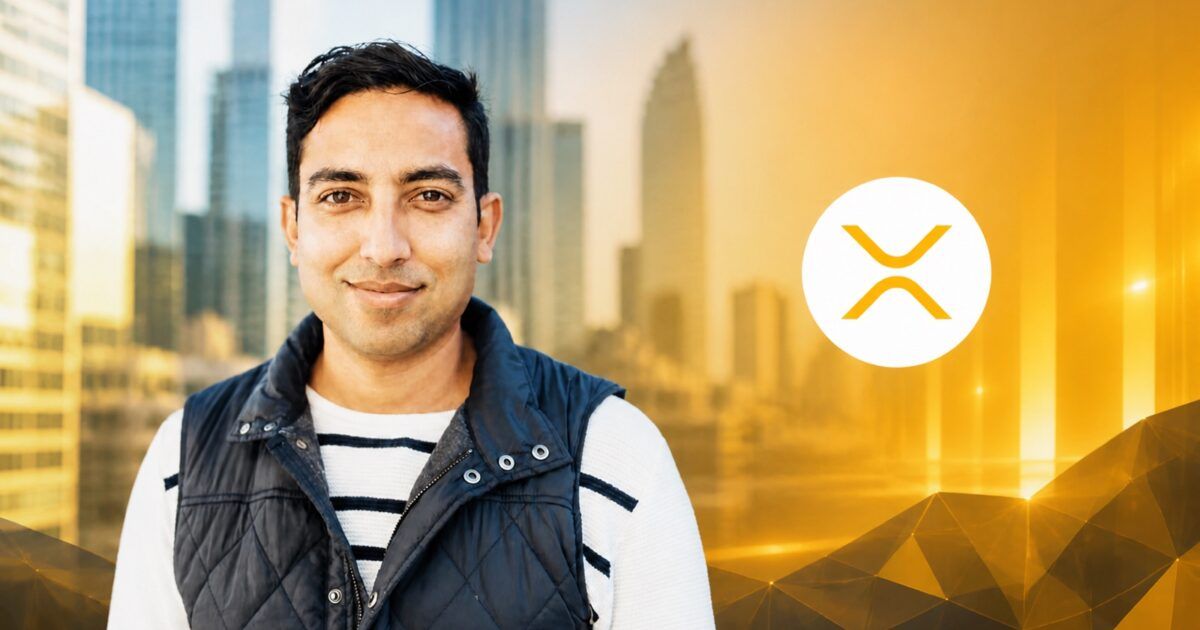 Evernorth CEO Asheesh Birla with XRP symbol in a ProCoinNews yellow-orange public-markets composition