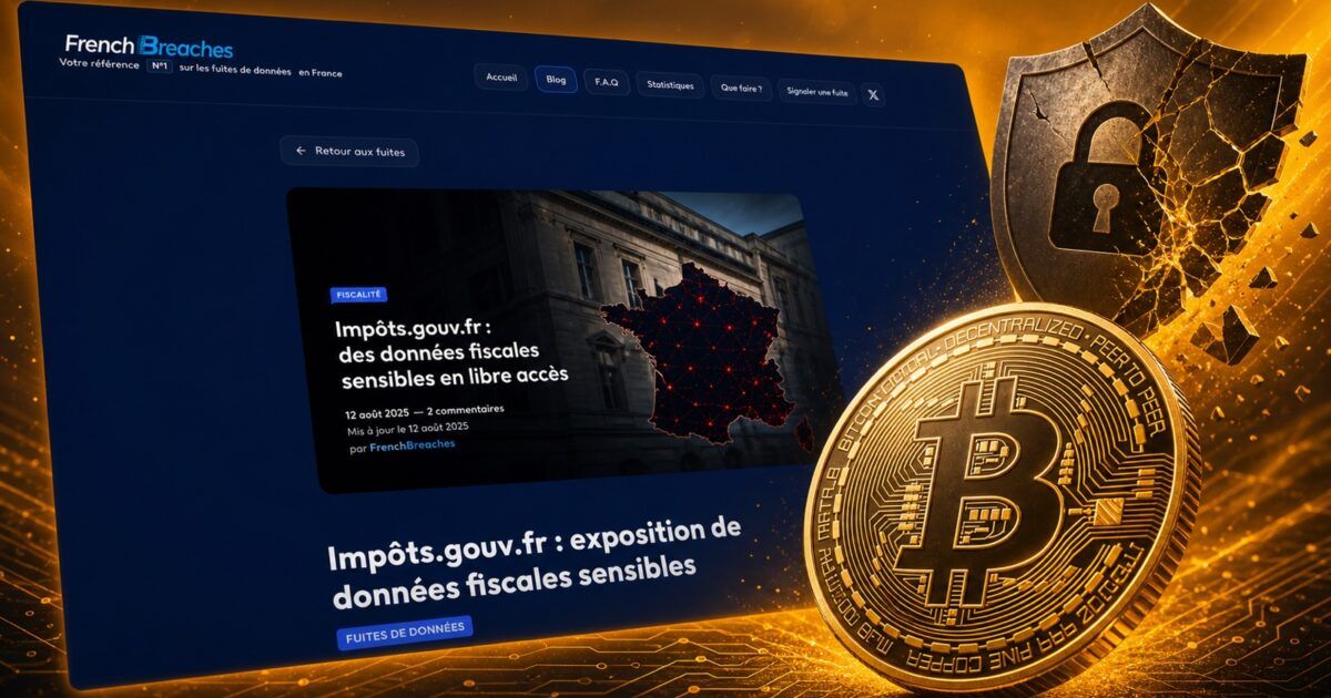 FrenchBreaches incident report framed with a Bitcoin coin and fractured security shield