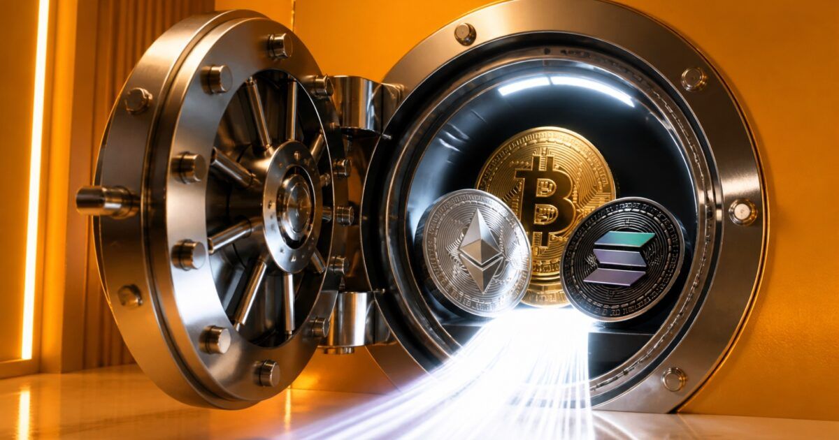 Bitcoin, Ethereum and Solana coins secured in a glowing collateral vault