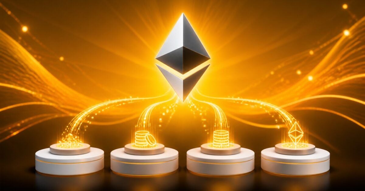 Ethereum symbol above four illuminated quarterly reward stages in ProCoinNews yellow and orange