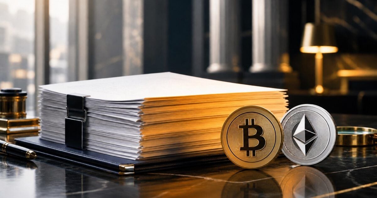 Institutional filing beside Bitcoin and Ethereum emblems