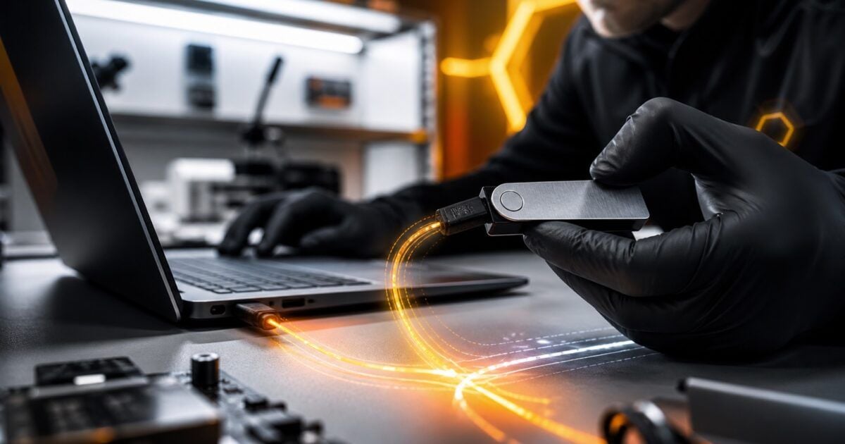 Security researcher testing a hardware wallet connected to a laptop in a cyber lab