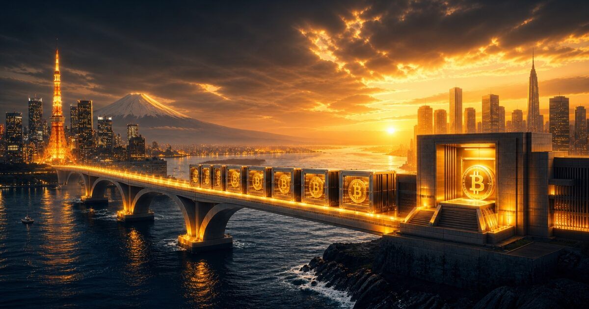 Bitcoin reserves crossing a bright trans-Pacific bridge from Tokyo toward a United States treasury platform