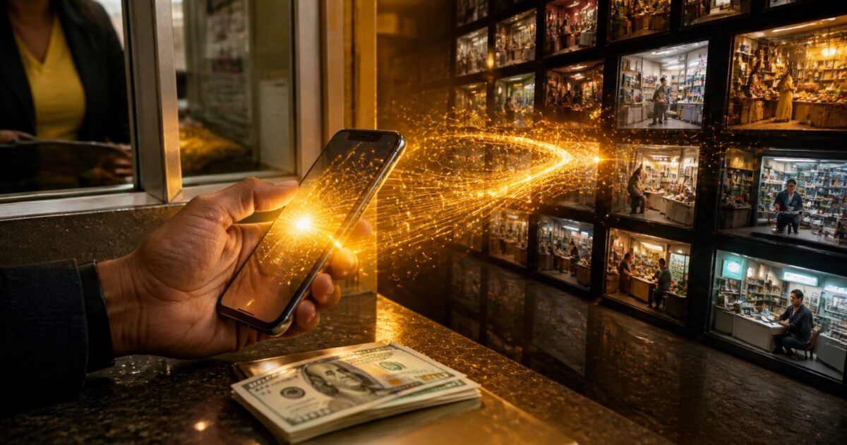 Cash moving from a remittance counter into a global digital network