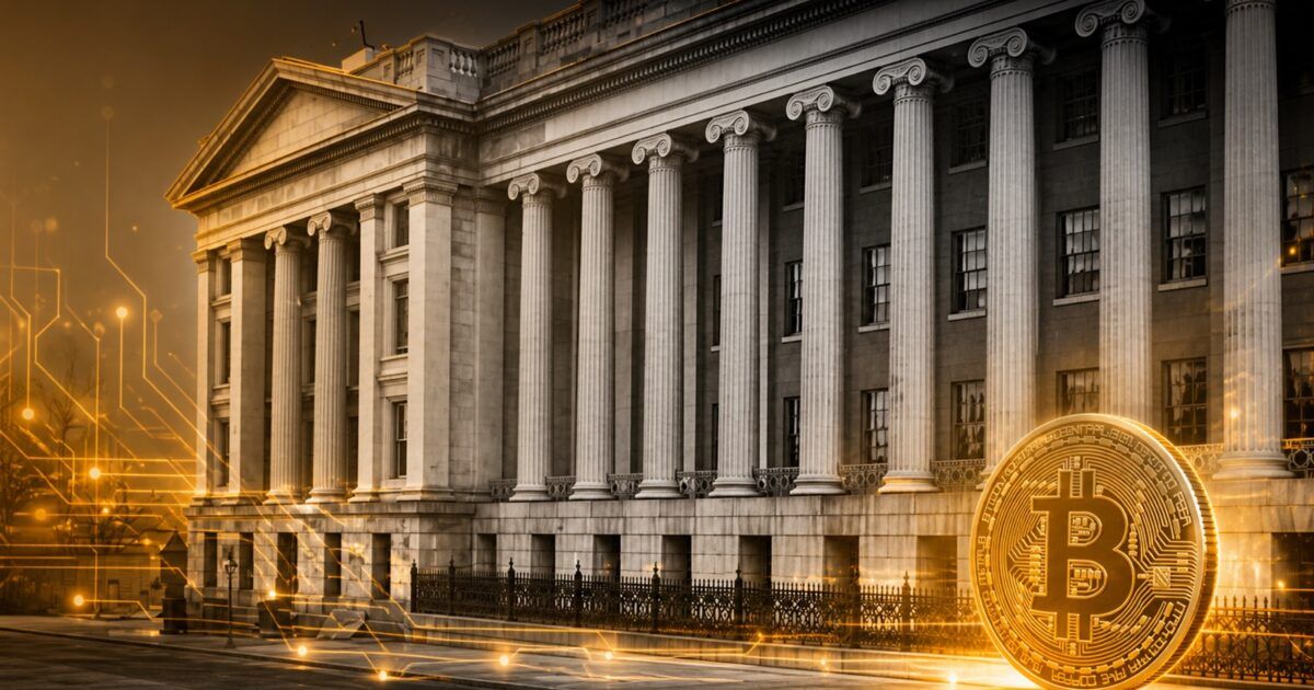 U.S. Treasury Building with Bitcoin and quantum-security visual treatment