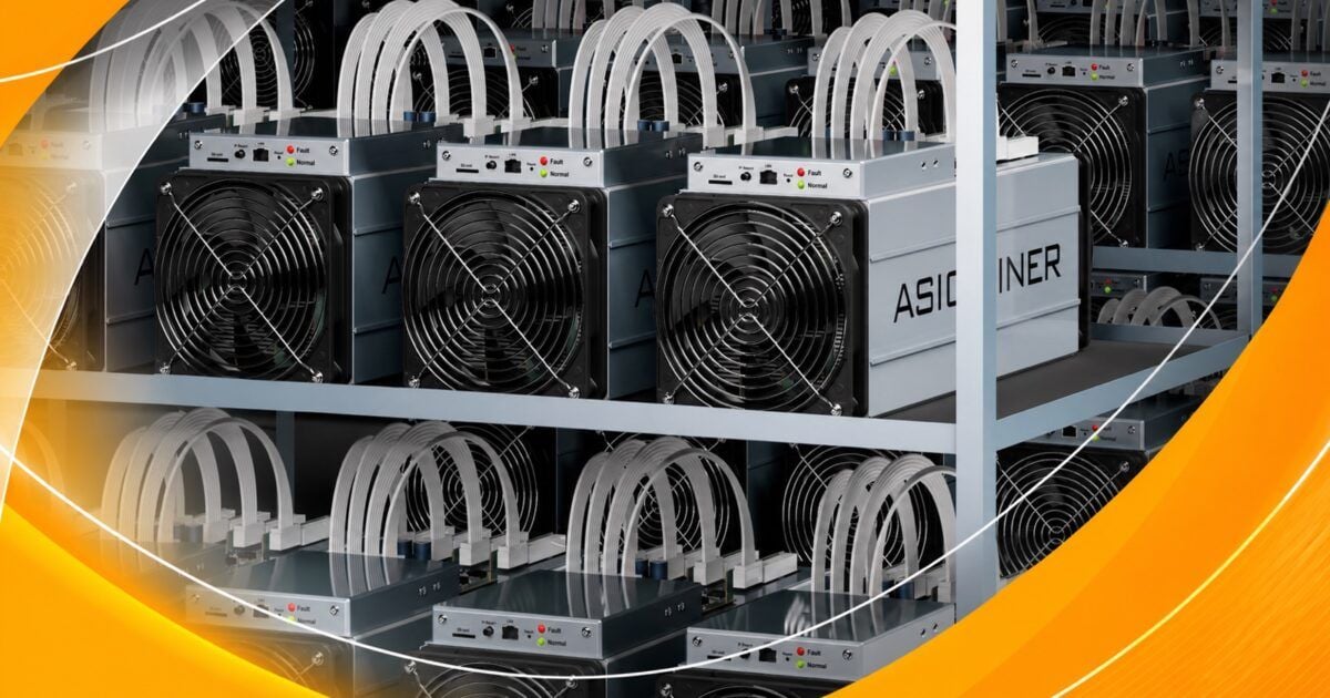 PowerCompute Bitcoin mining hardware framed by a yellow-orange collar treatment