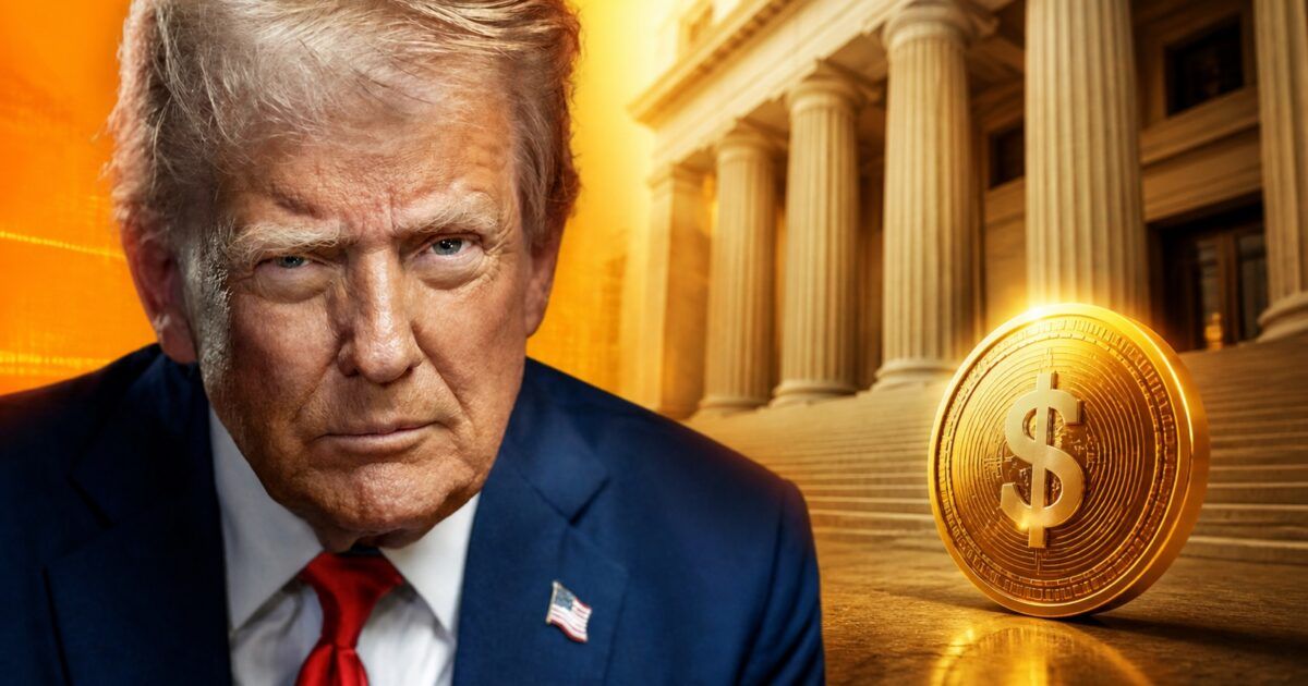 President Trump beside a symbolic dollar-backed digital coin and federal bank building