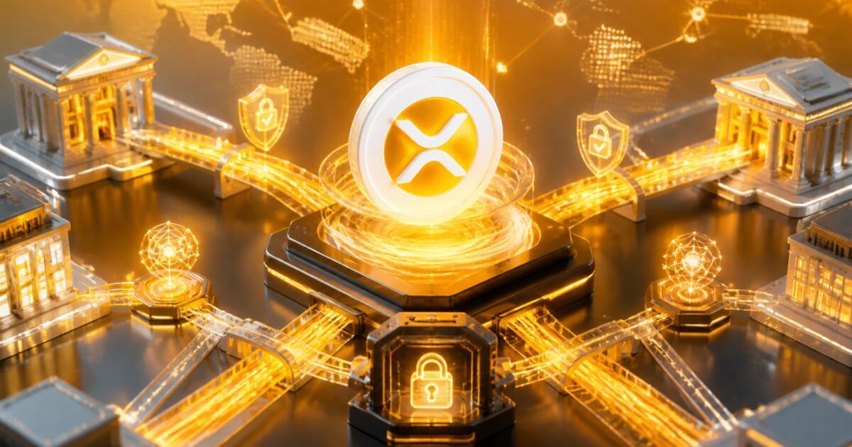 XRP symbol connected to secure institutional digital settlement rails