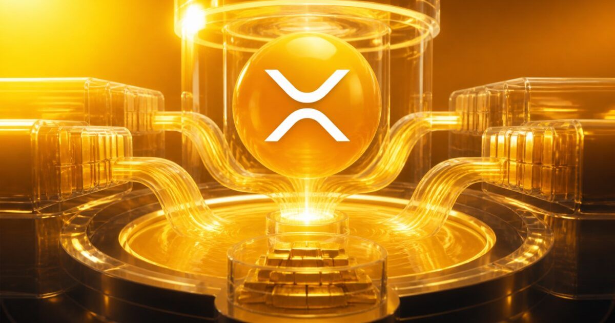 XRP symbol above a luminous institutional credit pool with transparent vault channels