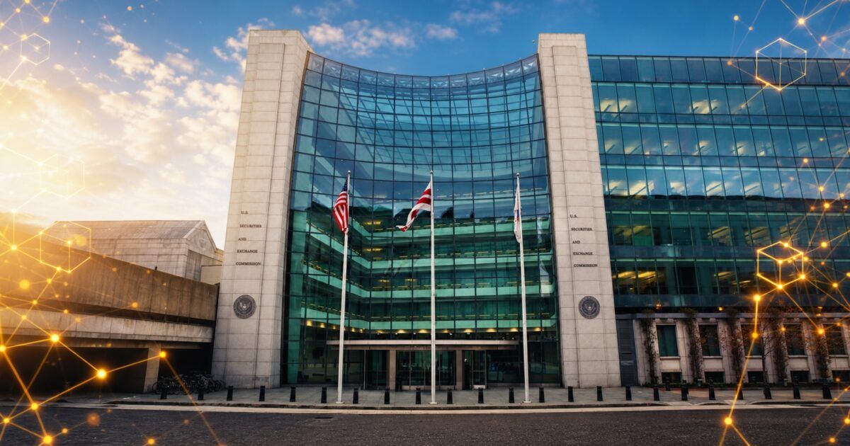 U.S. Securities and Exchange Commission headquarters with a restrained yellow-orange crypto network treatment