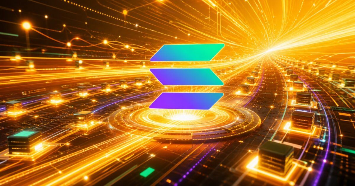 Official Solana mark above an accelerating validator network in ProCoinNews yellow and orange