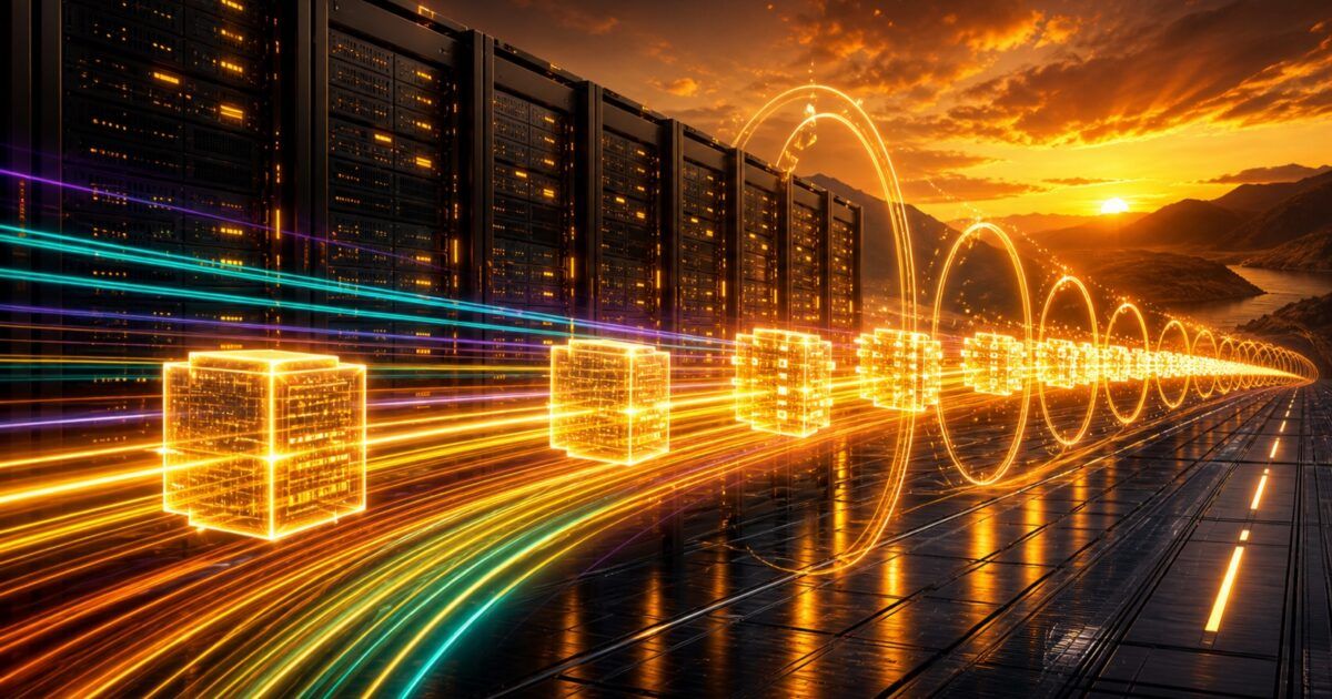 Solana validator servers sending faster blocks through a yellow-orange network corridor